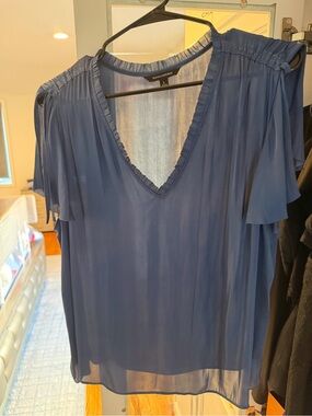 Banana Republic Sheer Navy V-Neck Flutter Sleeve Blouse